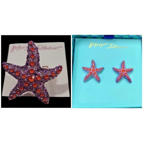 BETSEY JOHNSON SET Mermaid Life Red Crystals Purple Starfish Ring Earrings NWT
